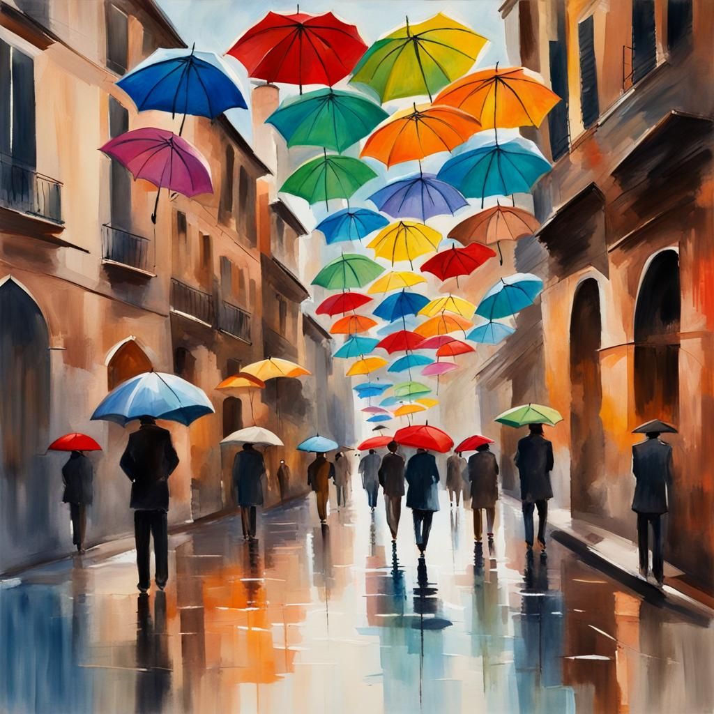 Colorful Umbrellas Float Above Italian Street: Gouache Style