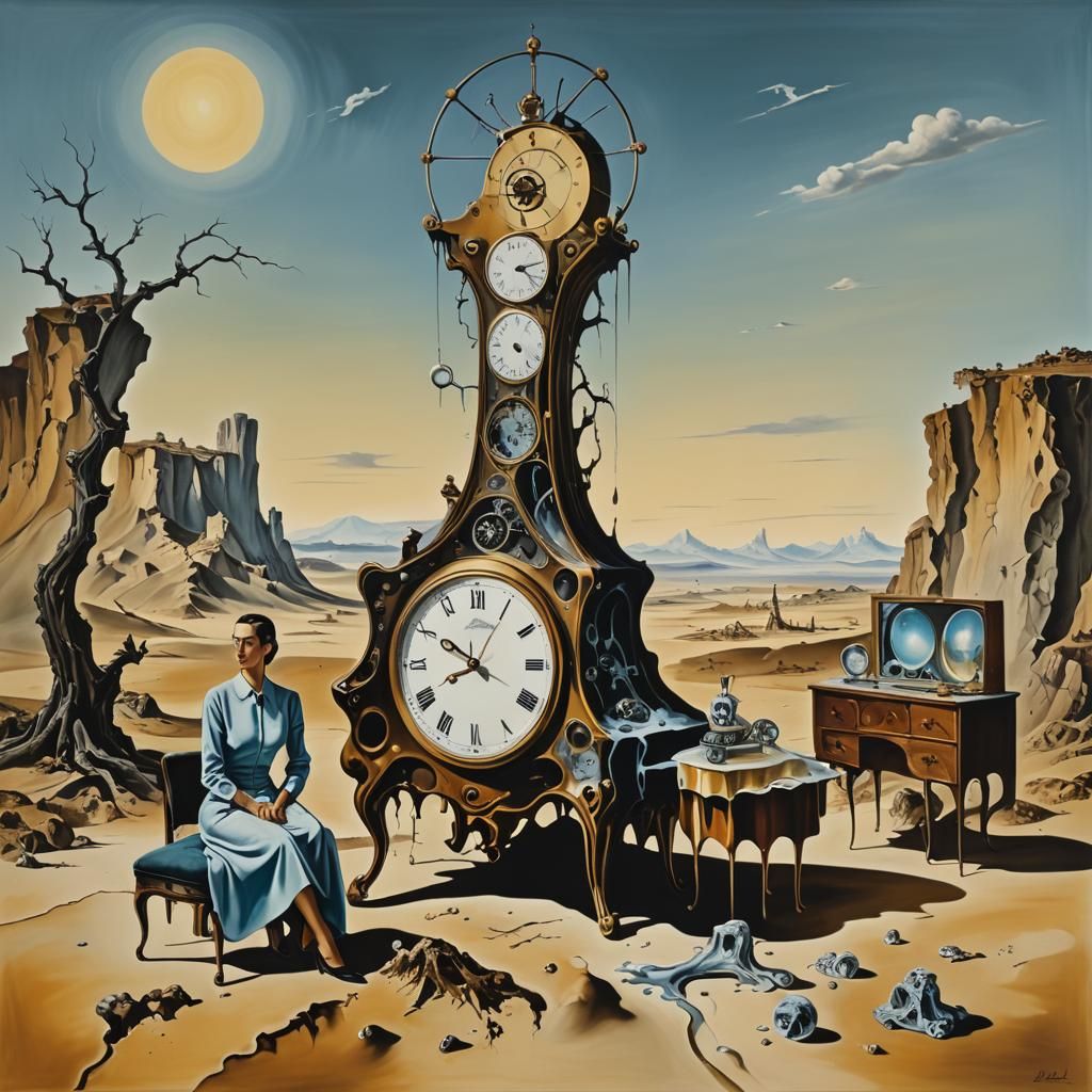 Surreal Landscape: Melting Clocks and Furniture Woman