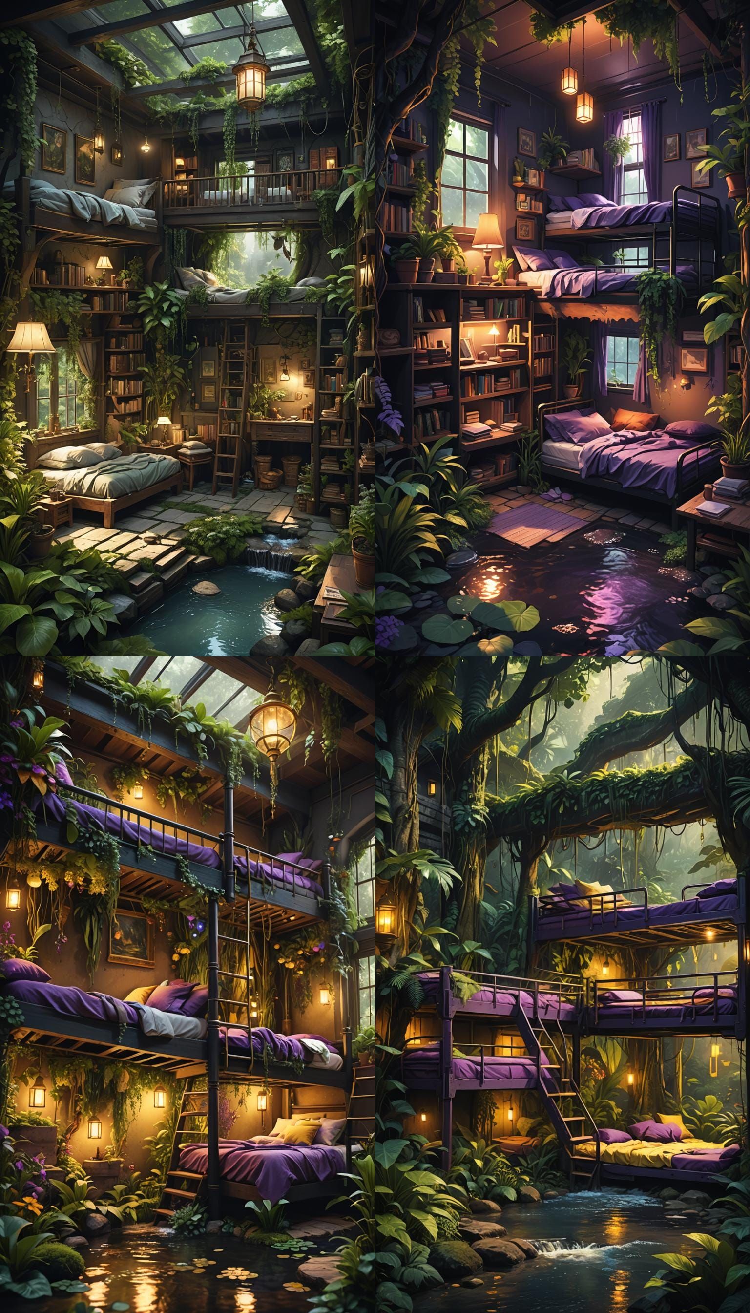 Lush Bedroom with Bunk Beds, Digital Art