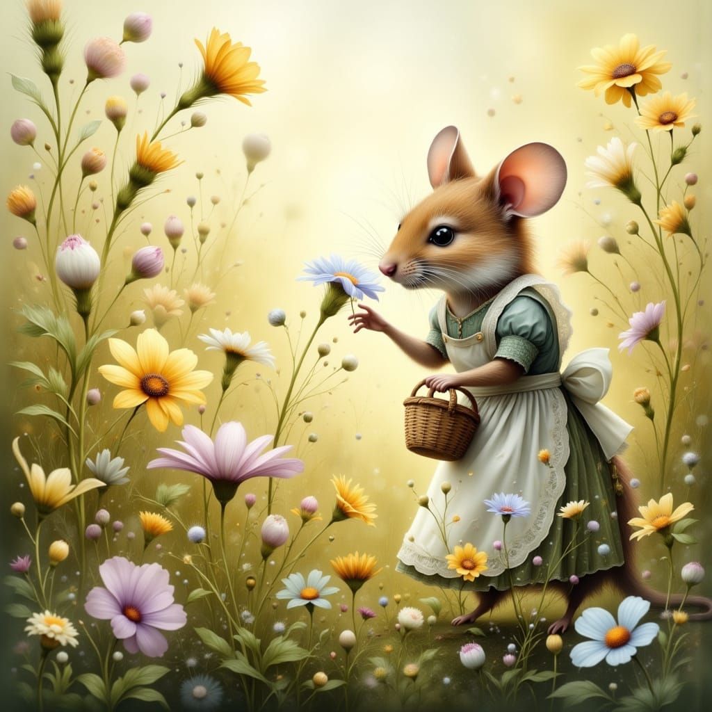 Whimsical Mouse Discovers Wildflower in Sunlit Meadow
