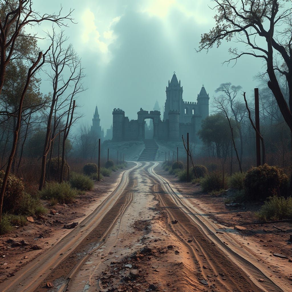 Ethereal Abandoned Crossroads in a Worn, Overgrown Wildernes...