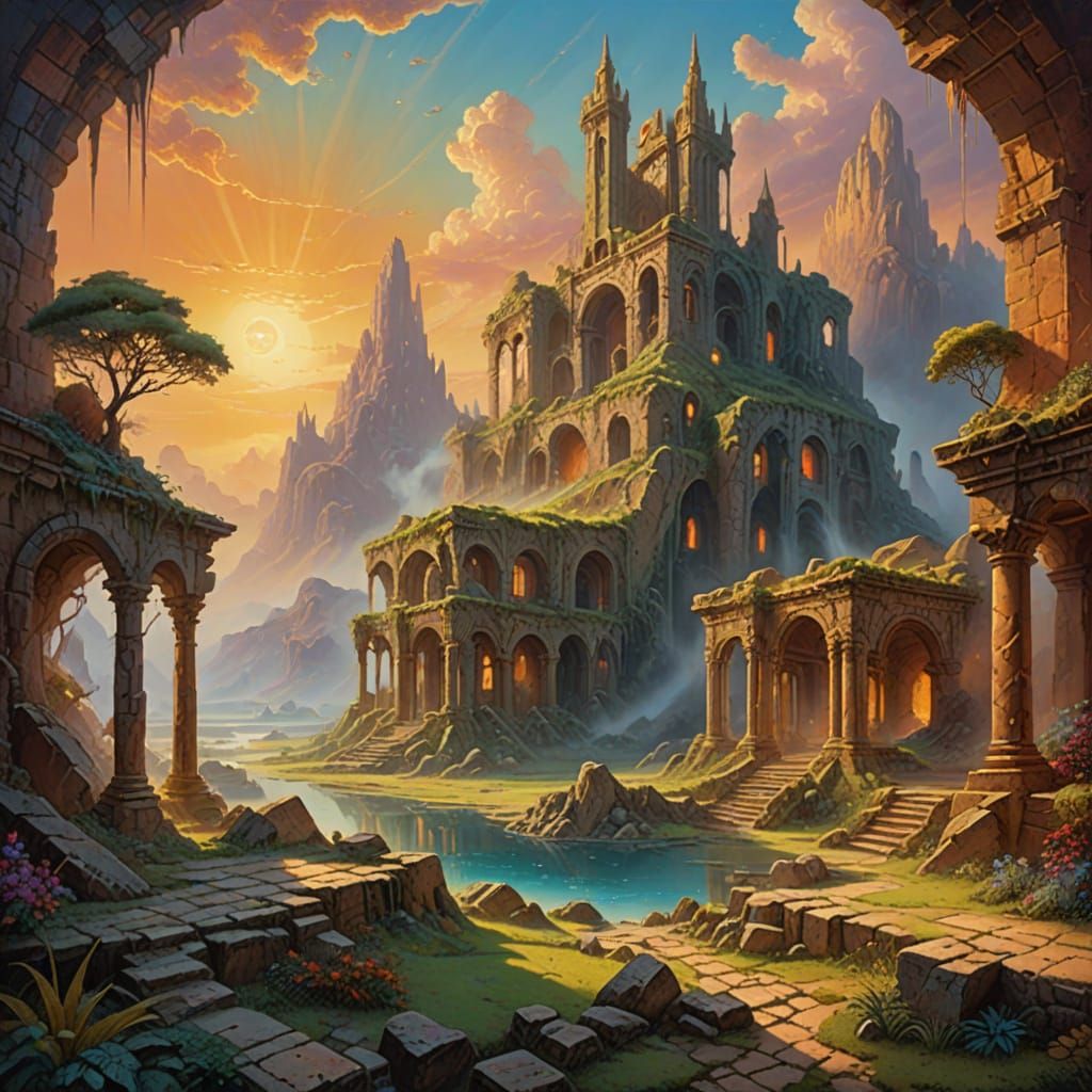 Alien Ruins in Ethereal, Surreal Oil Painting