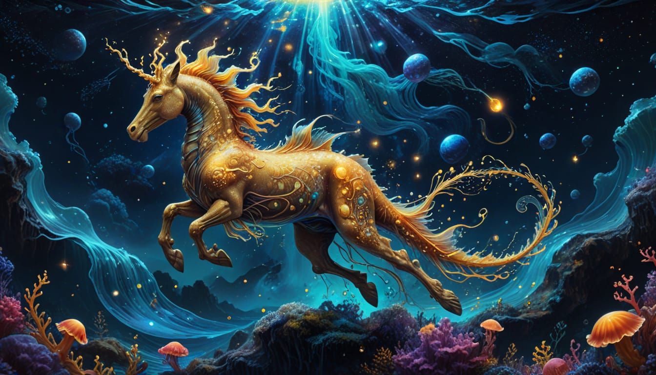 Golden Hippocampus in Bioluminescent Astral Sea