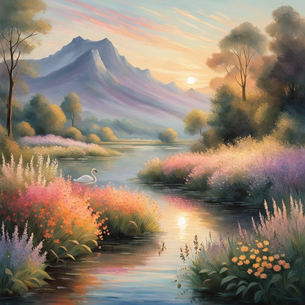 Dreamy Landscape with Swan and Waterfall
