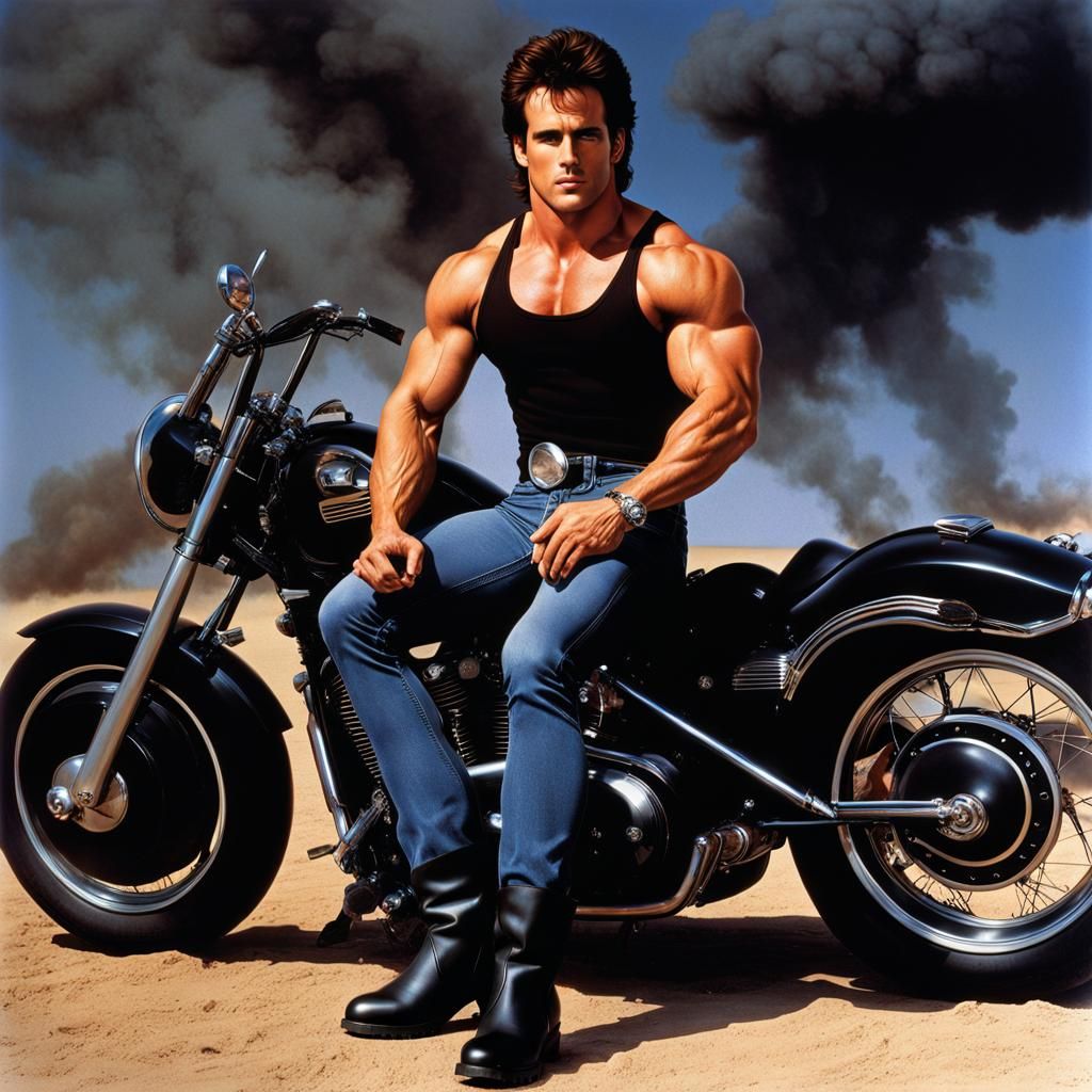 Muscular Bodybuilder on Motorcycle, Detailed Digital Art