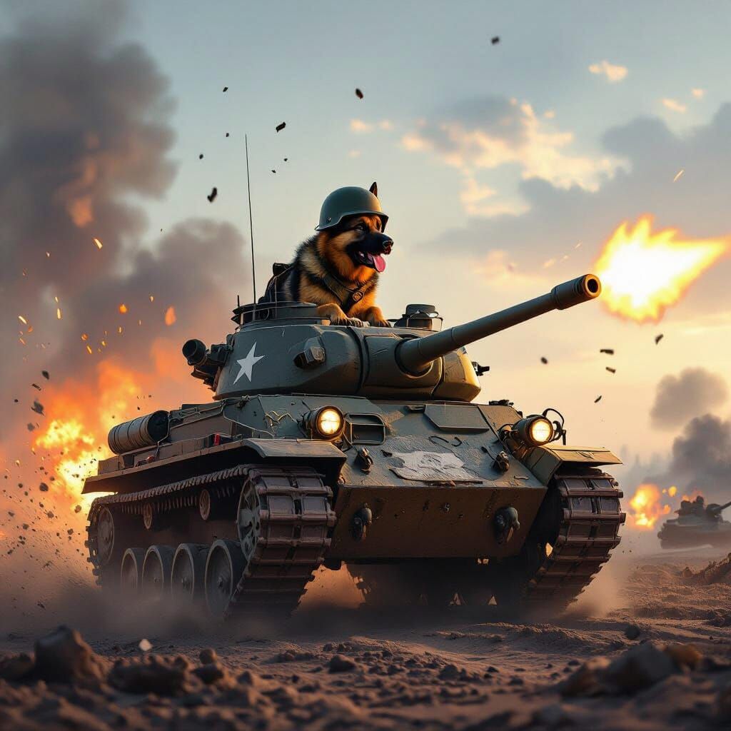 Dog Pilot Commands Tank in Epic Battlefield Scene