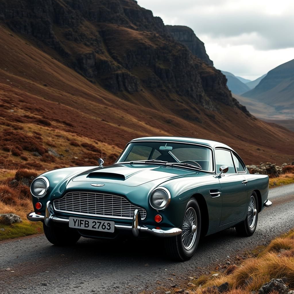 Aston Martin DB4 in the Scottish highlands