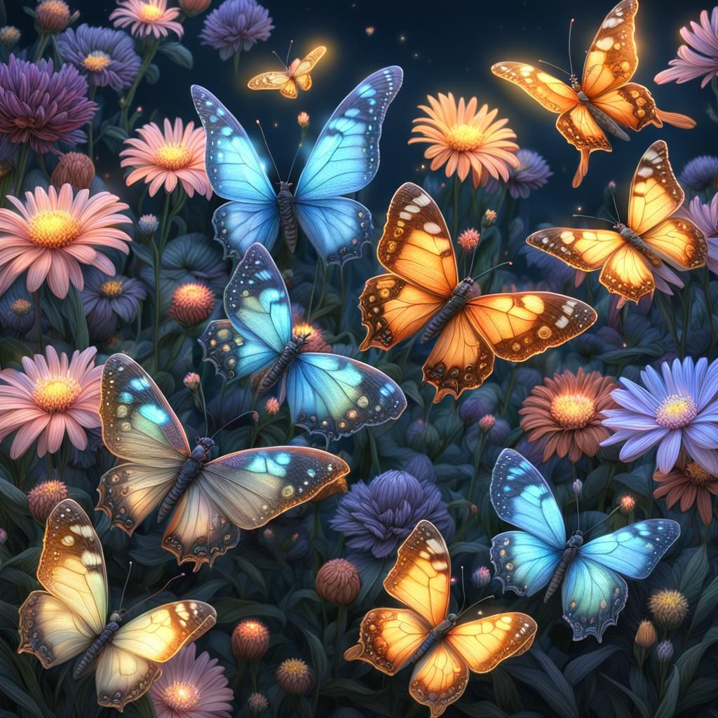 Butterflies and Fireflies in a Pastel Colored Flower Garden