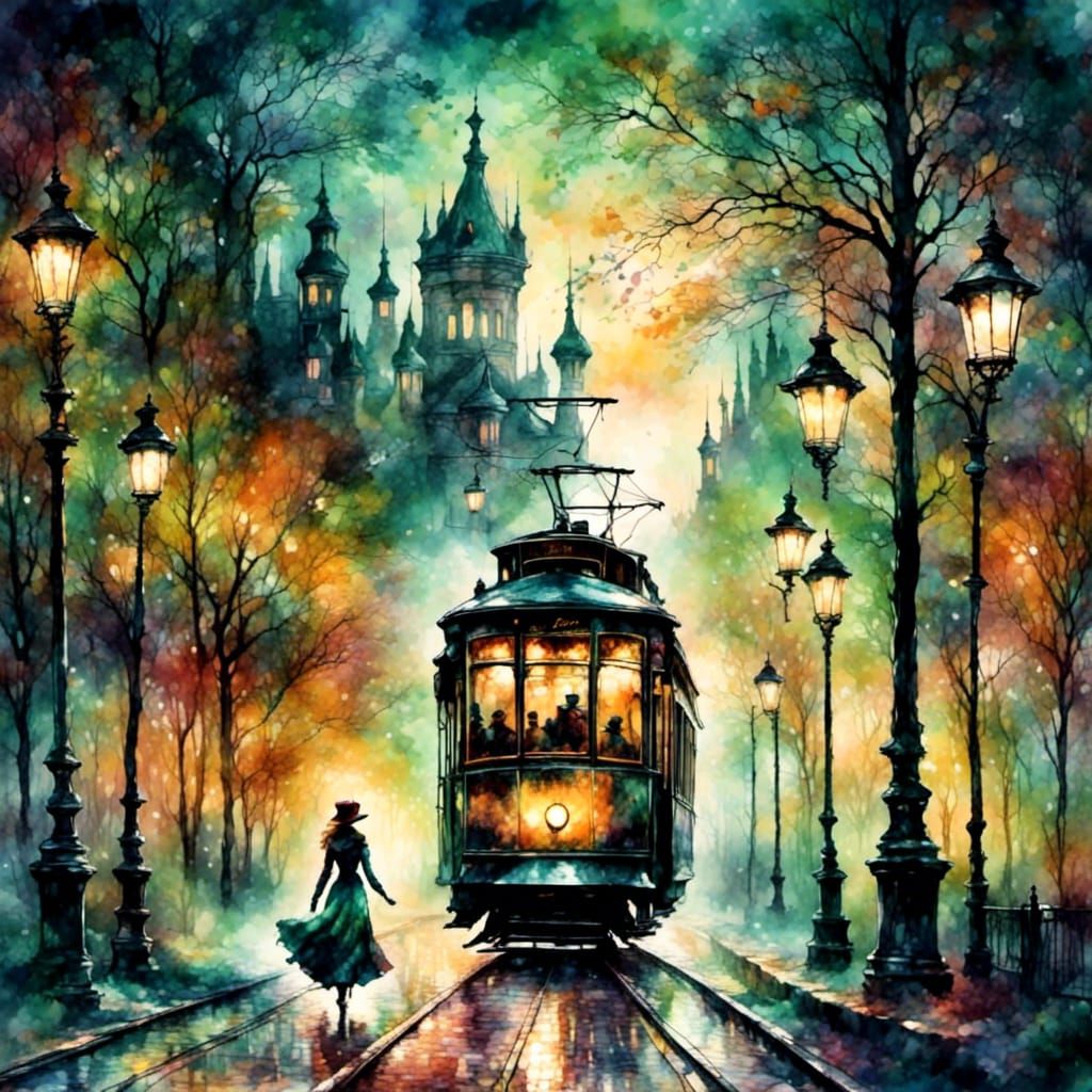 Silhouette of a woman entering a tram, modern European ink painting, steampunk background, ink stains, the magician, on ...