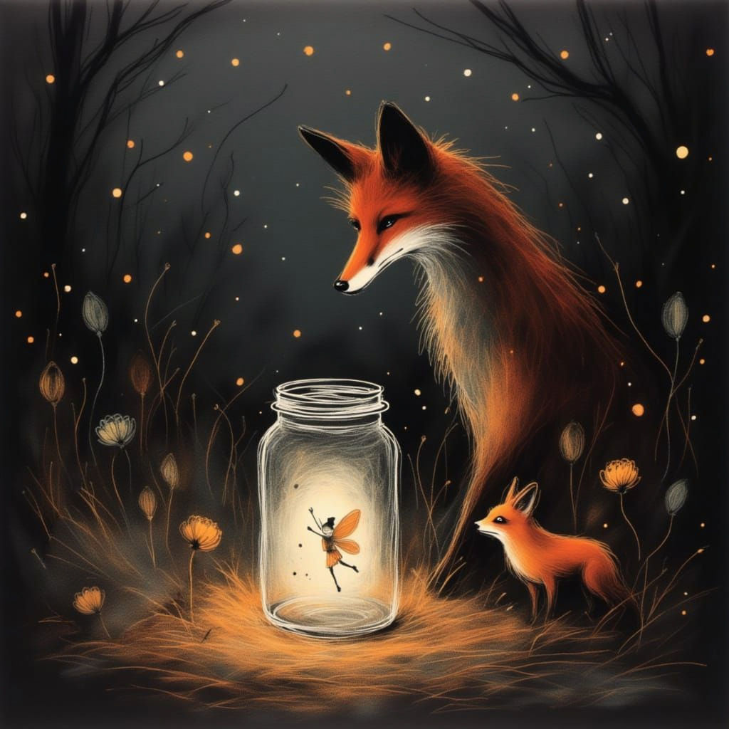 Fox Unveiling a Glowing Fairy in a Jar