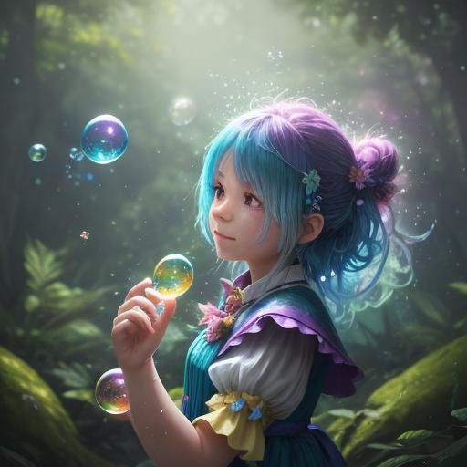 Girl and Dog in Whimsical Forest with Bubbles
