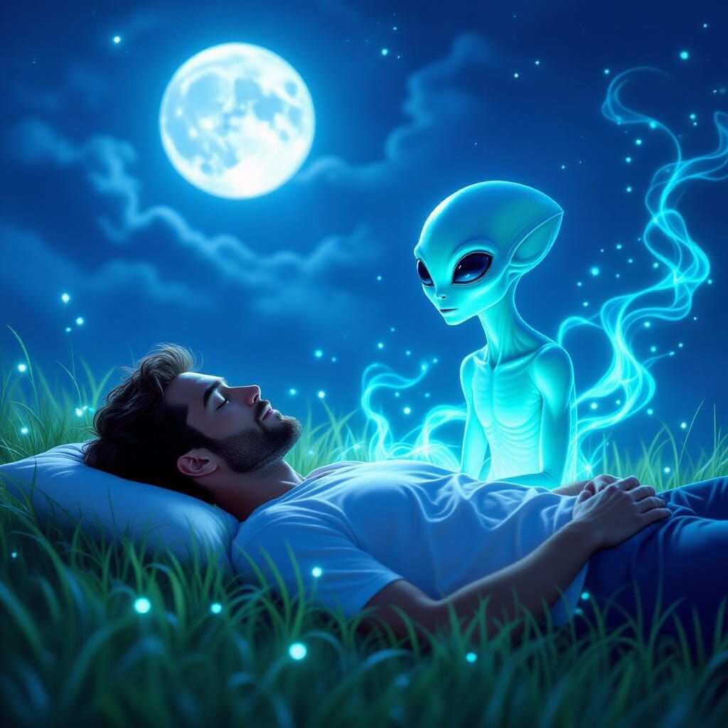 Man and Alien in Ethereal Moonlight Scene