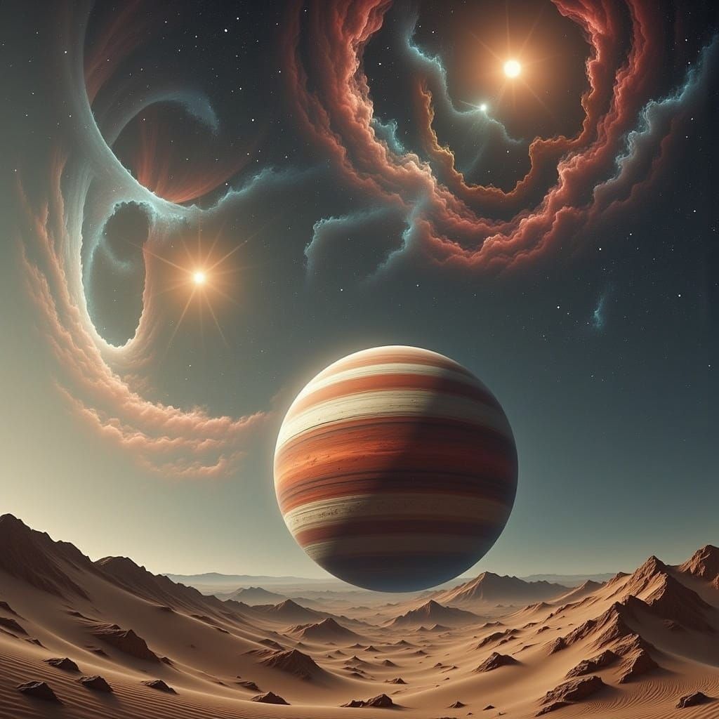 Cosmic Desert Moonscape with Ringed Gas Giant