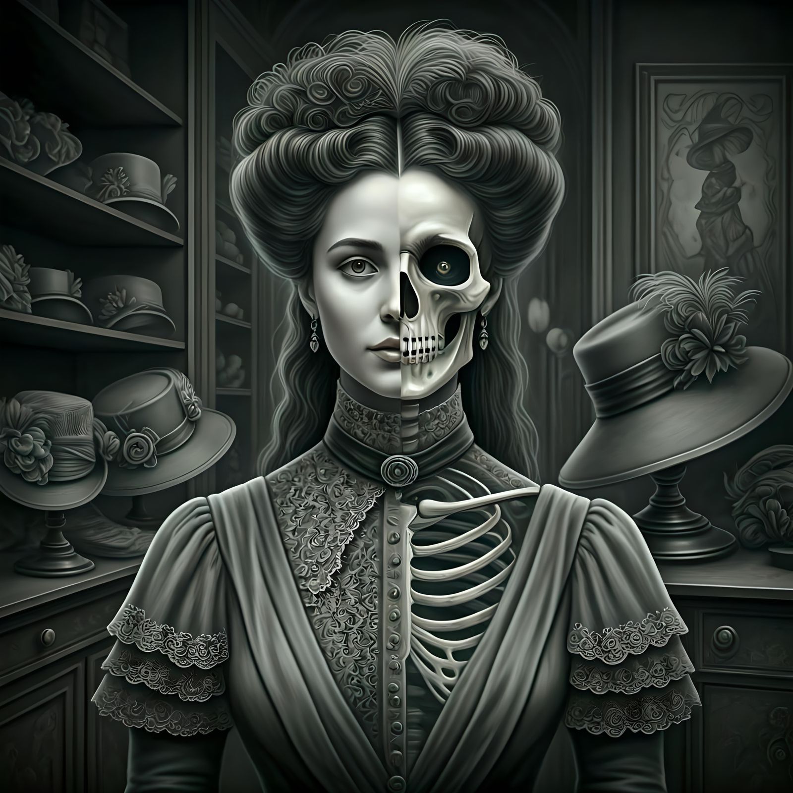 Victorian Ghost in Hat Shop: Charcoal Drawing