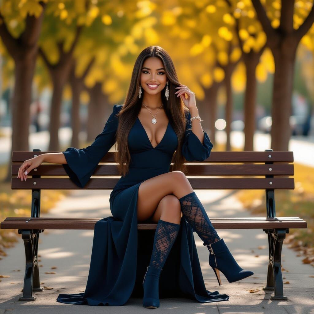 Young Woman in Blue Dress on Park Bench, Golden Hour
