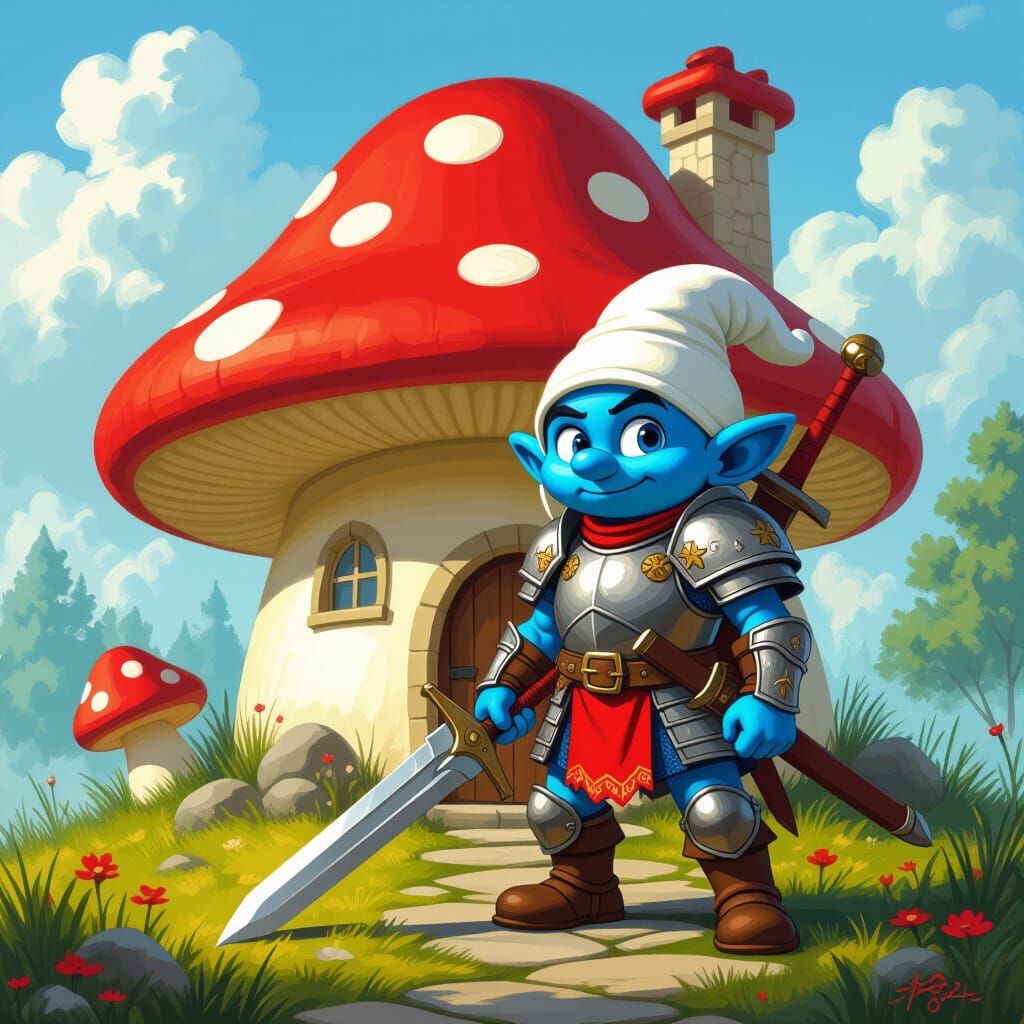 Smurf Warrior Guarding Mushroom House