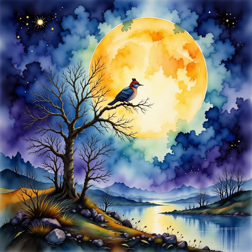 Eerie Moonlit Nightscape in Watercolour and Gouache