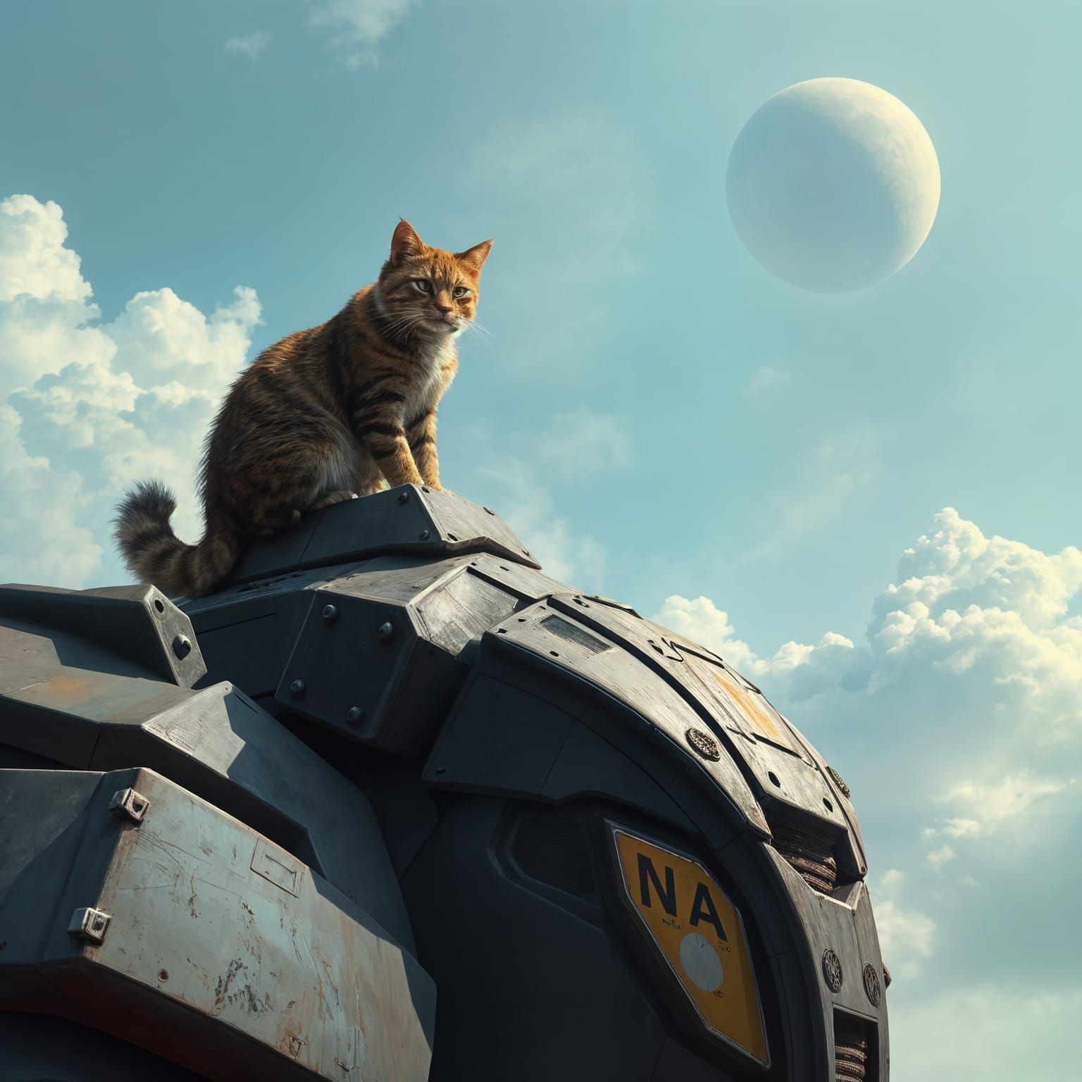 Cat Perched on Shoulder of Massive Mech