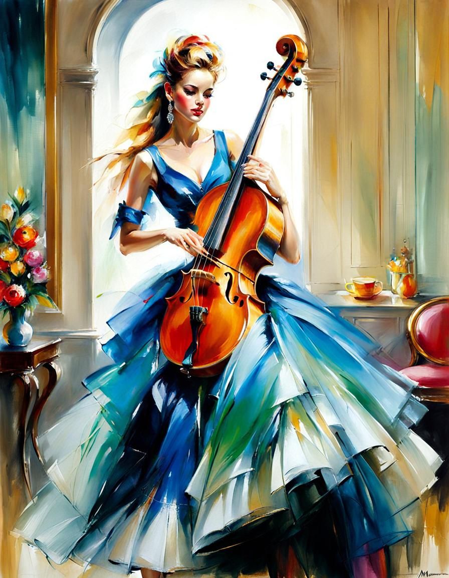 Woman Playing Bass as Oil Painting