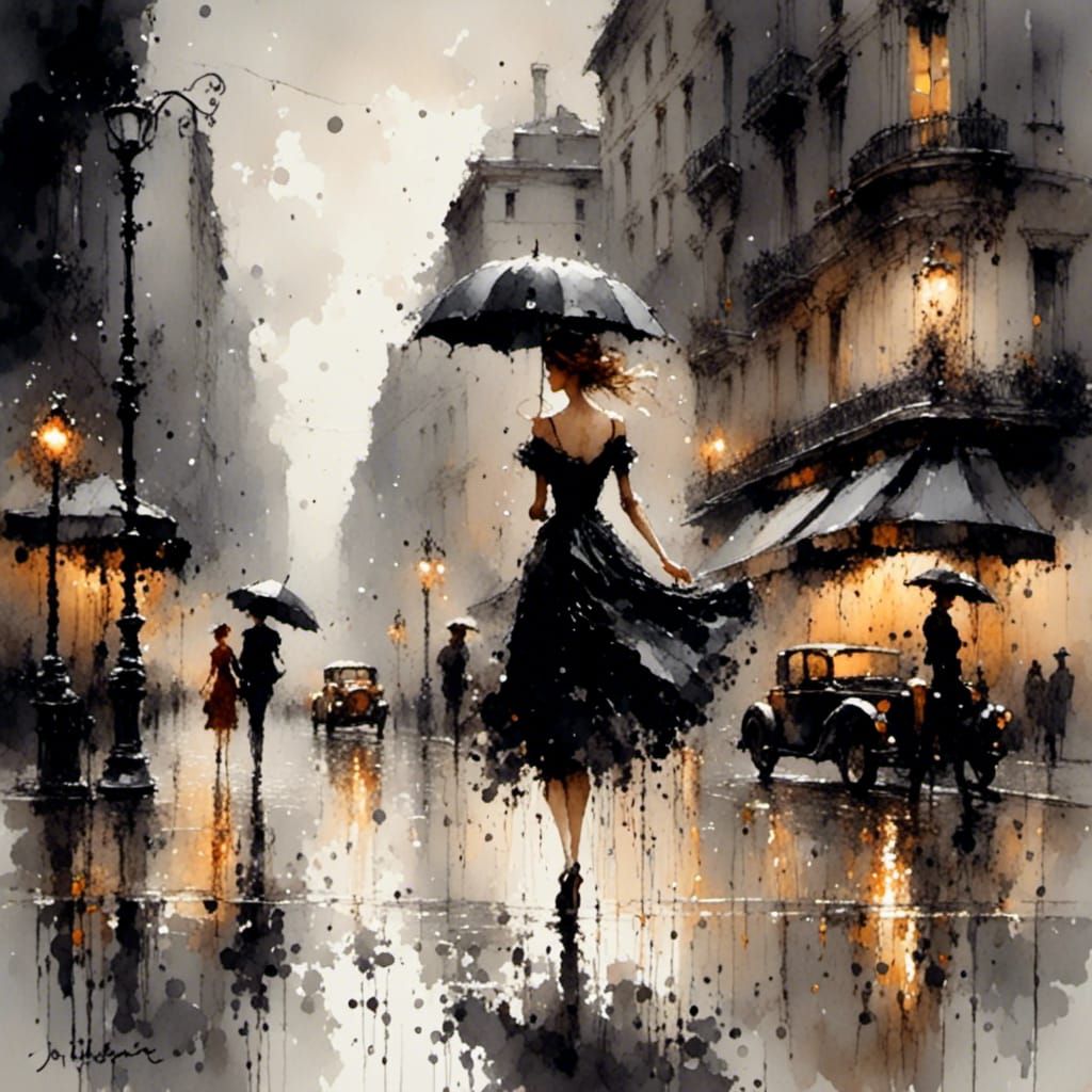 Rainy City Woman in Ash Thorp Style