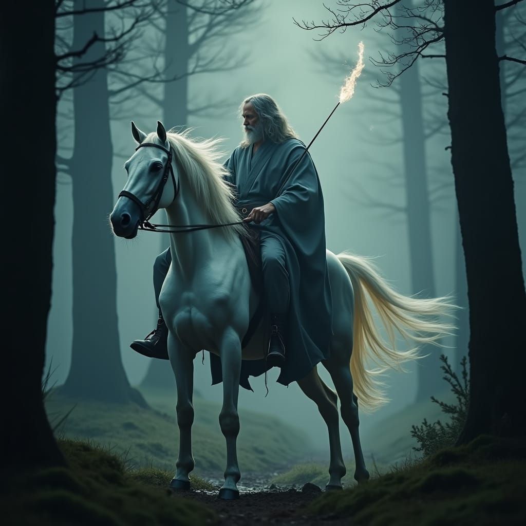 Wizard on White Horse in Misty Forest