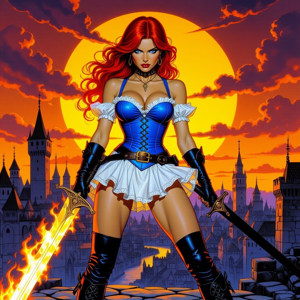 Nordic Warrior Woman with Flaming Sword