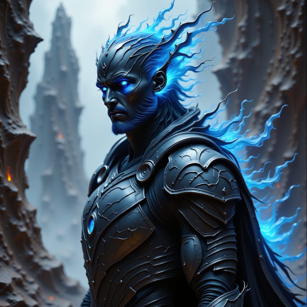 Fire Genasi in Steel Armor with Twisted Landscape