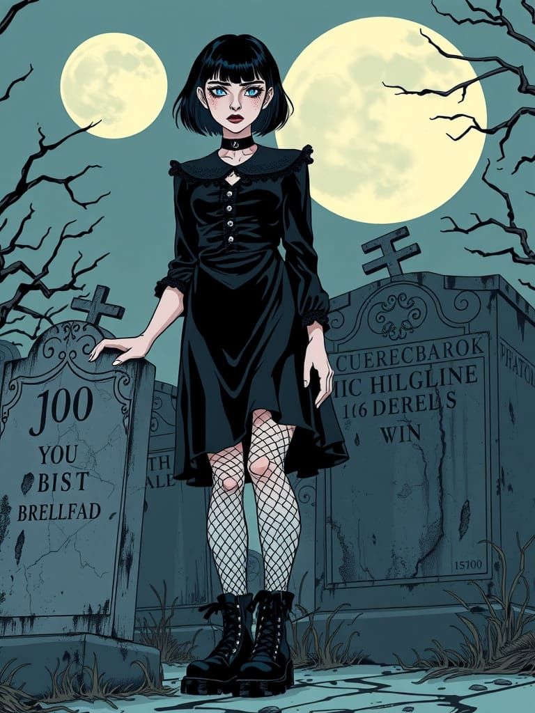 Gothic Woman Amidst Tombstones in Moonlit Graveyard