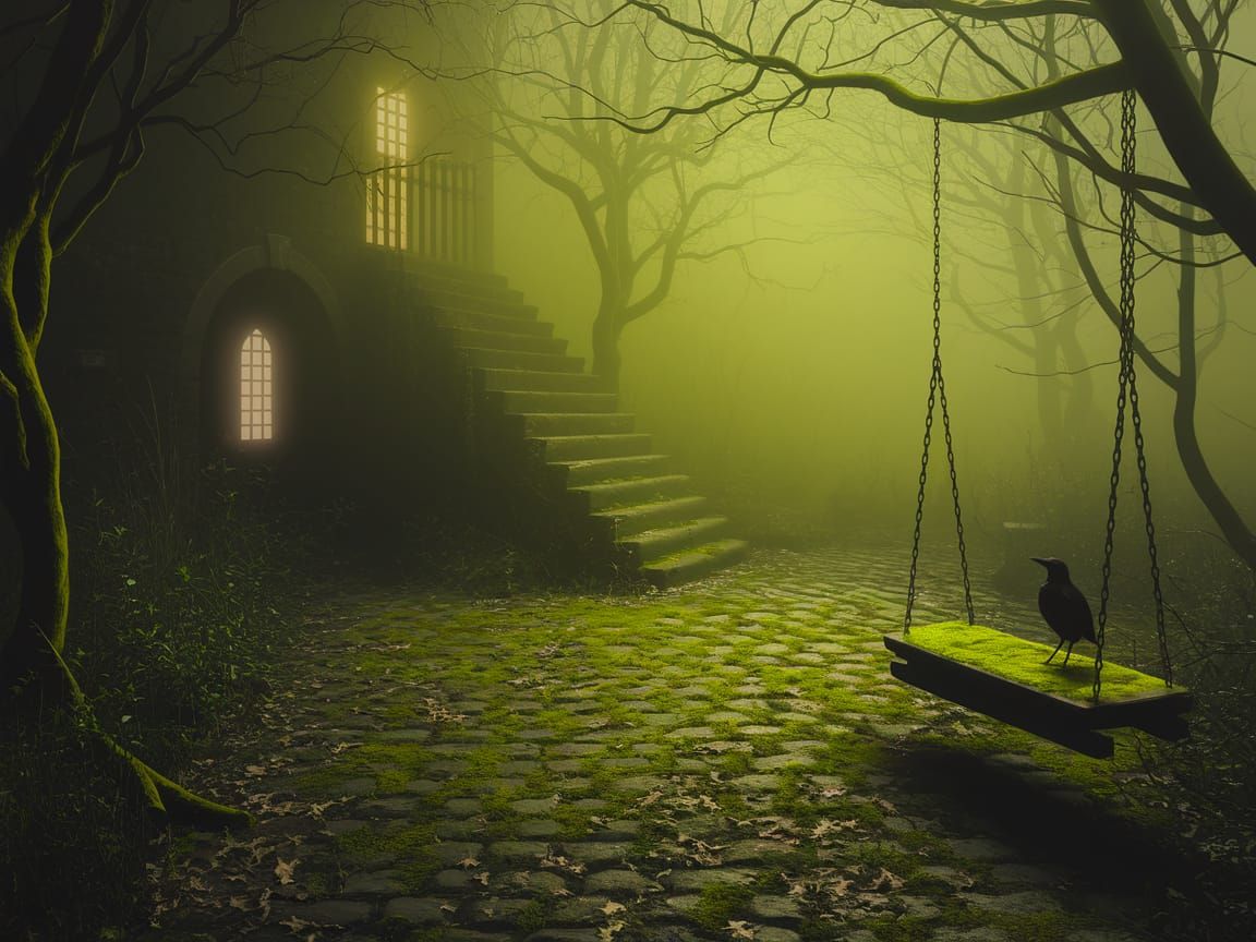 Creepy Overgrown Garden with Crow in Dense Mist