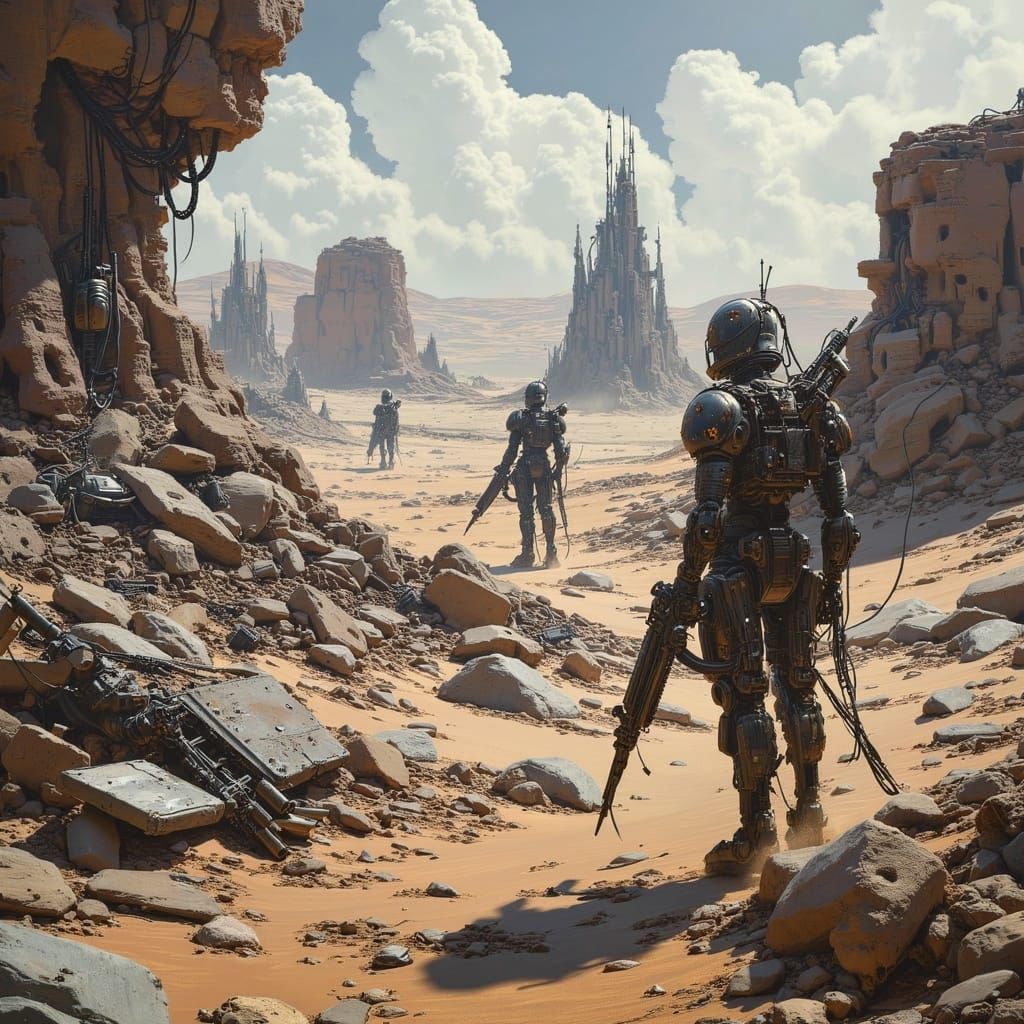 Futuristic Scrap Warrior in Badlands Illustration