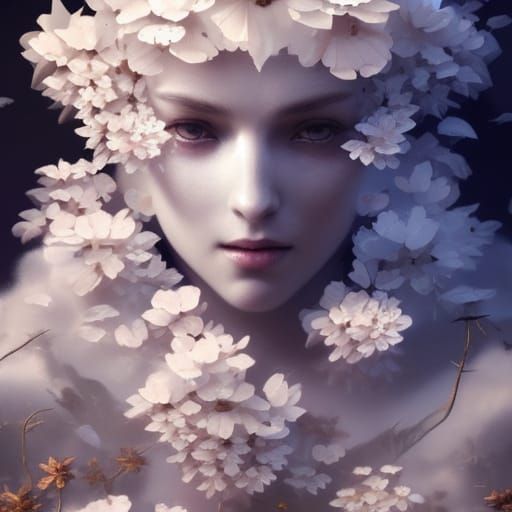 Skull with White Flowers: Detailed Digital Art