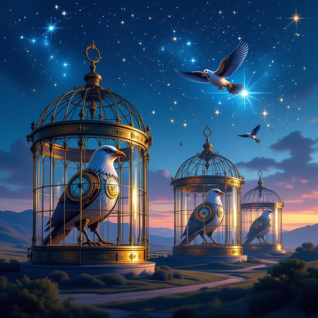 Clockwork Birds in Ornate Brass Cages at Twilight
