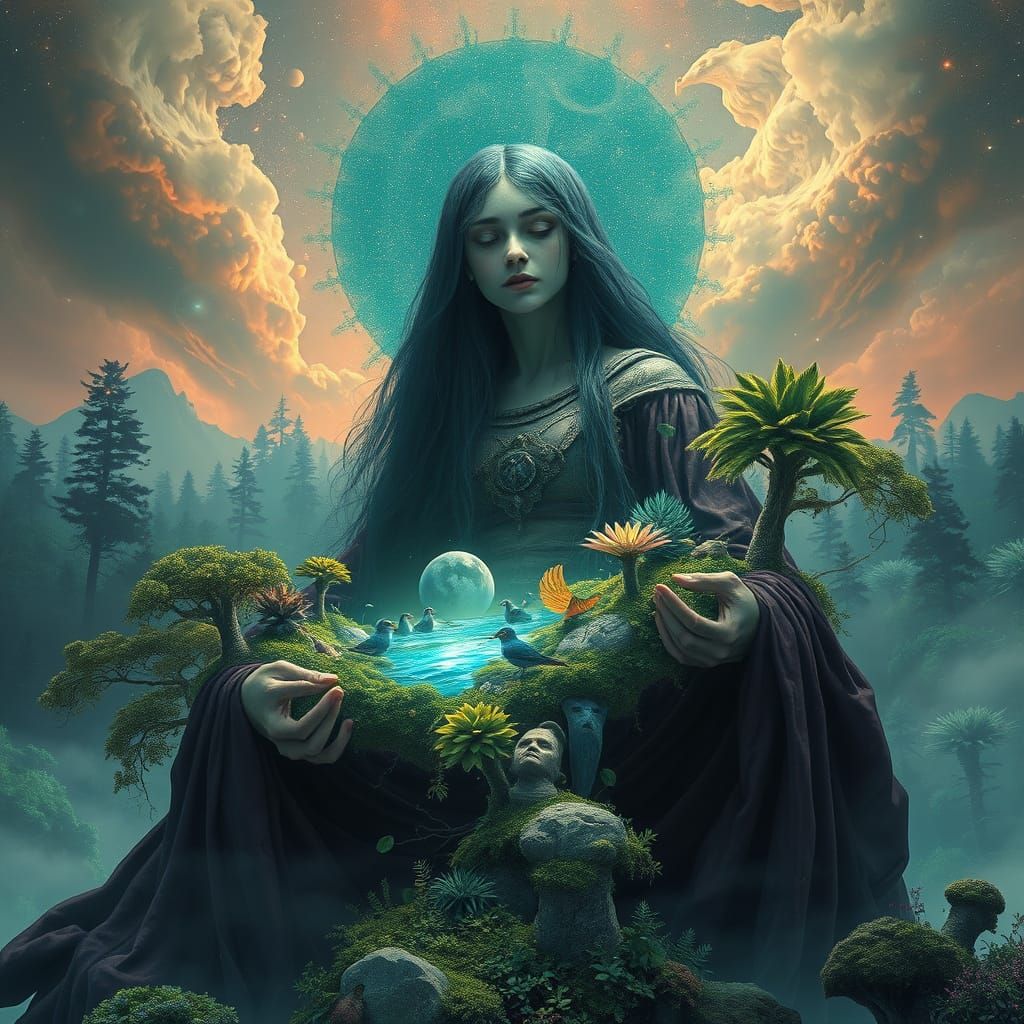 Surreal Earth-Star Woman with Bioluminescent Ecosystem