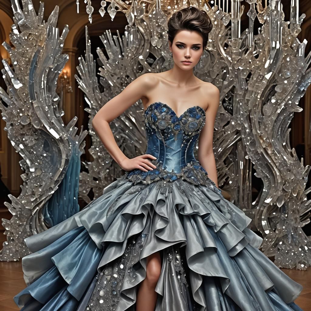 Woman in Crystalline Dress in Ballroom, Hyperrealistic