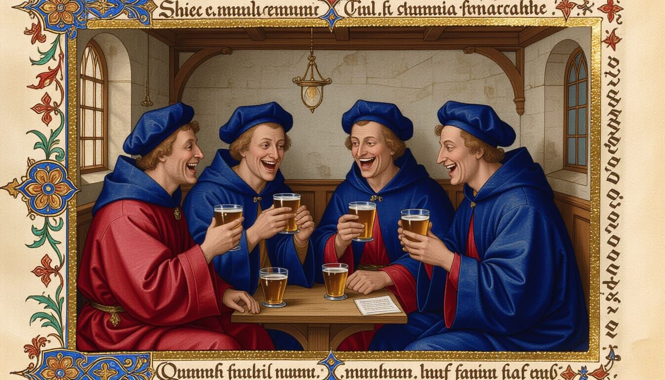 Scribes Laughing Over Beer in Cramped Chamber