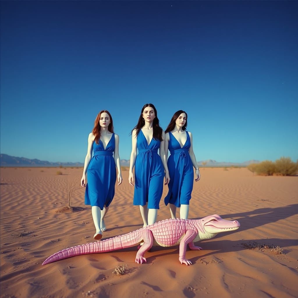 Women in Desert Oasis with Pink Alligator