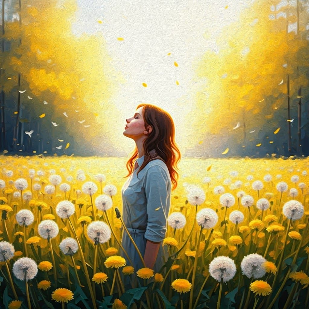 Wishing in Dandelion Field: Gouache Impressionist Painting