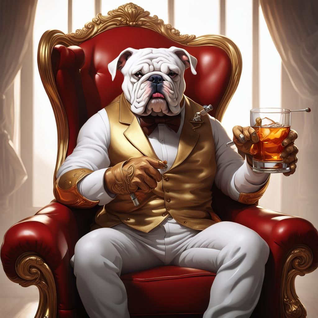 Bulldog's High Life: Whiskey, Joint, and Gold Armchair