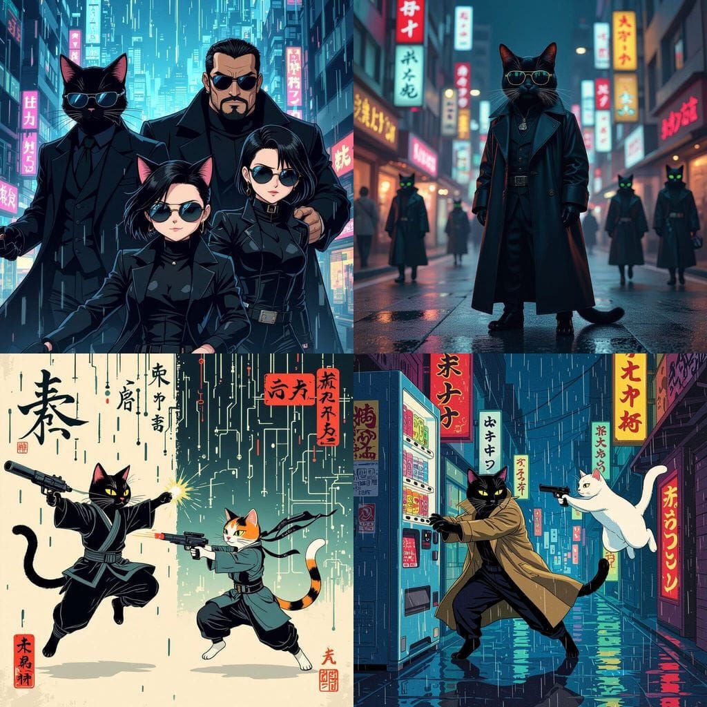 Matrix Characters Reimagined as Cats in Japanese Art Style