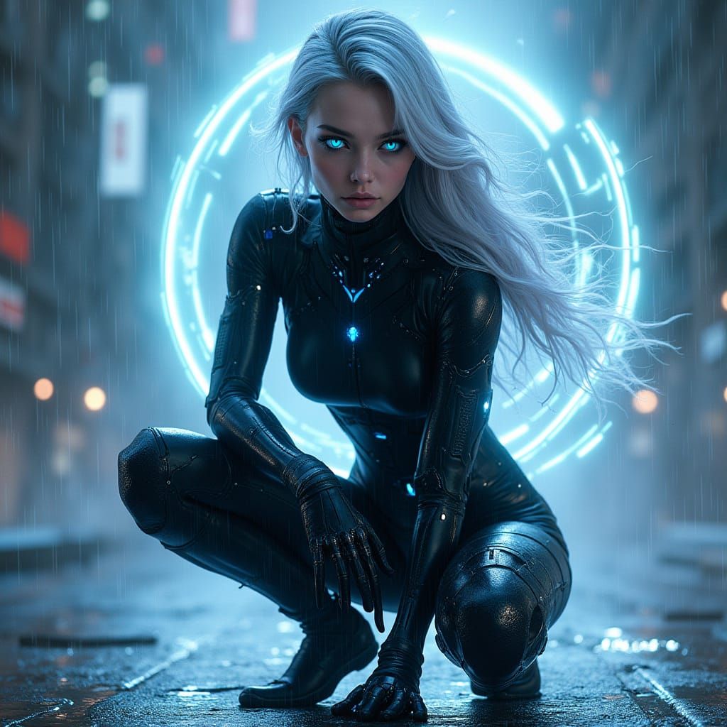 Cyberpunk Android Warrior in Neon-Lit Exosuit
