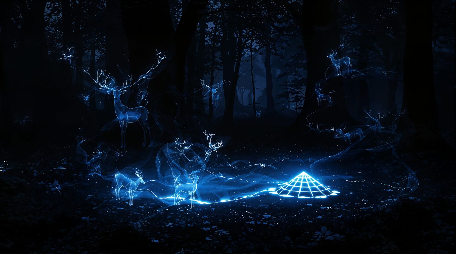 Ethereal Deer Silhouettes in Dark Forest