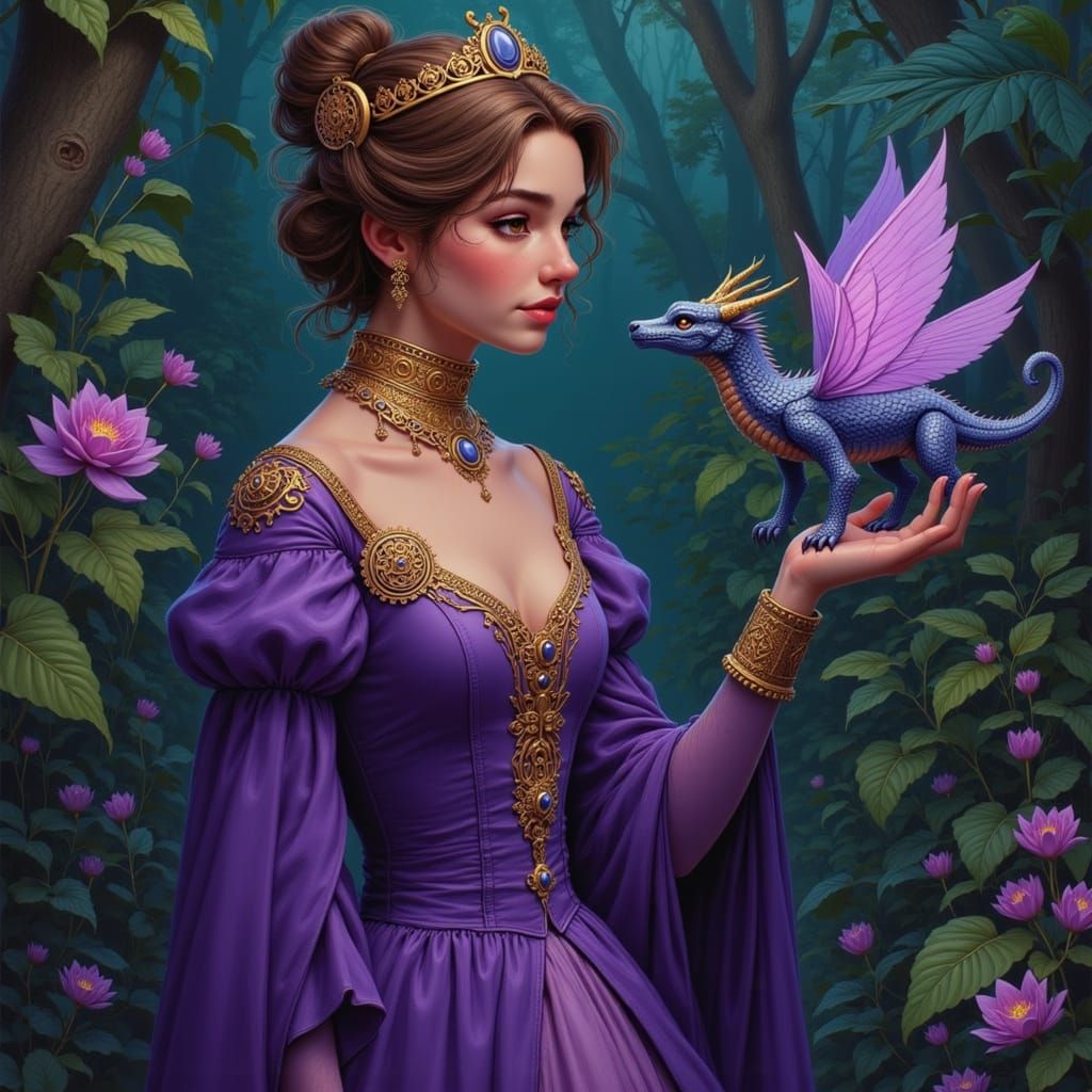 Queen in Bioluminescent Garden with Clockwork Dragon