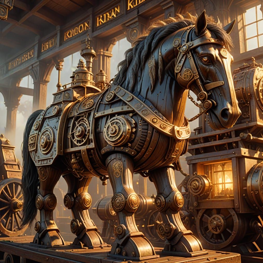 Steampunk Trojan Horse with Ethereal Runes in Golden Light
