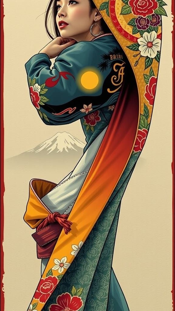 Stylish Japanese Woman at Sunrise, Comic Art Style