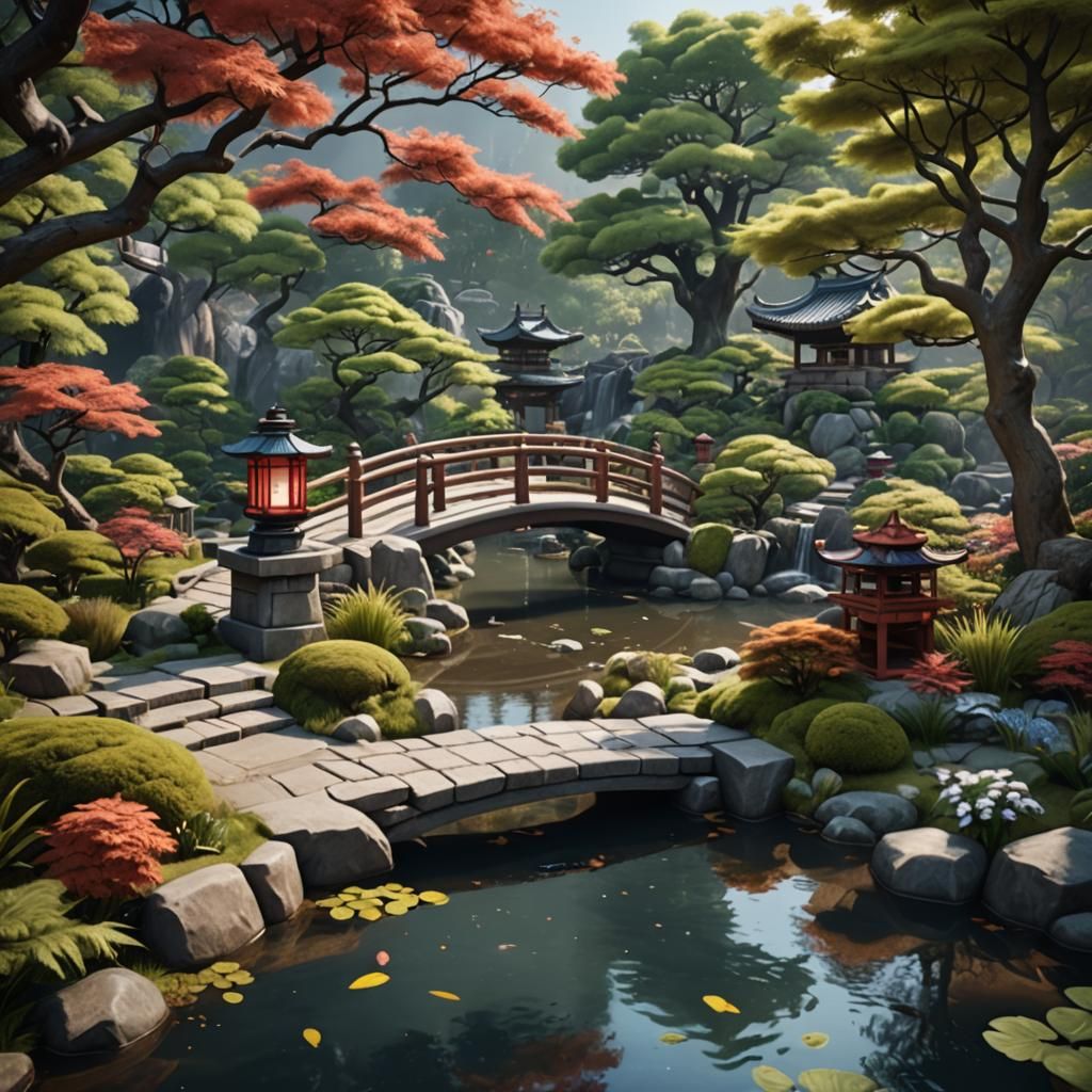 Japanese Garden with Lanterns and Waterfall
