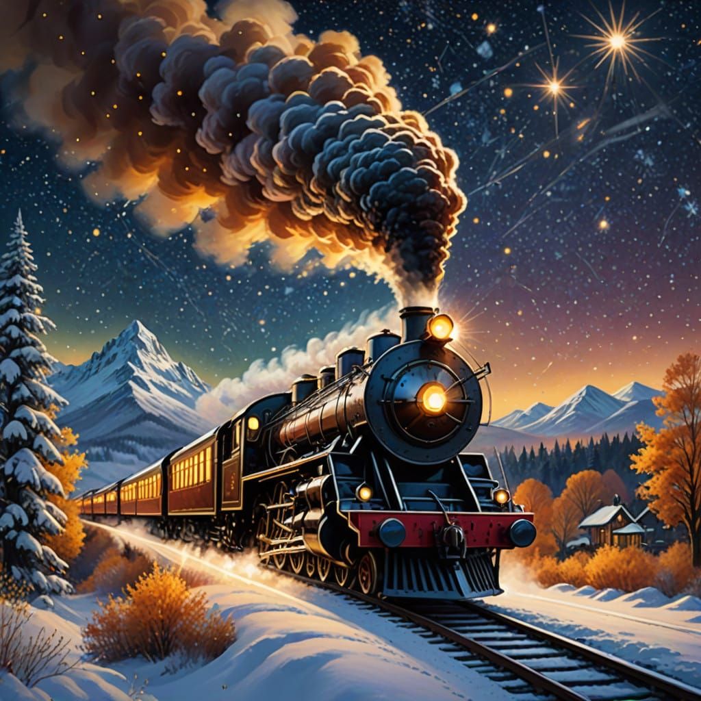 Majestic Steam Train Soars Through Starry Night Sky in Whims...