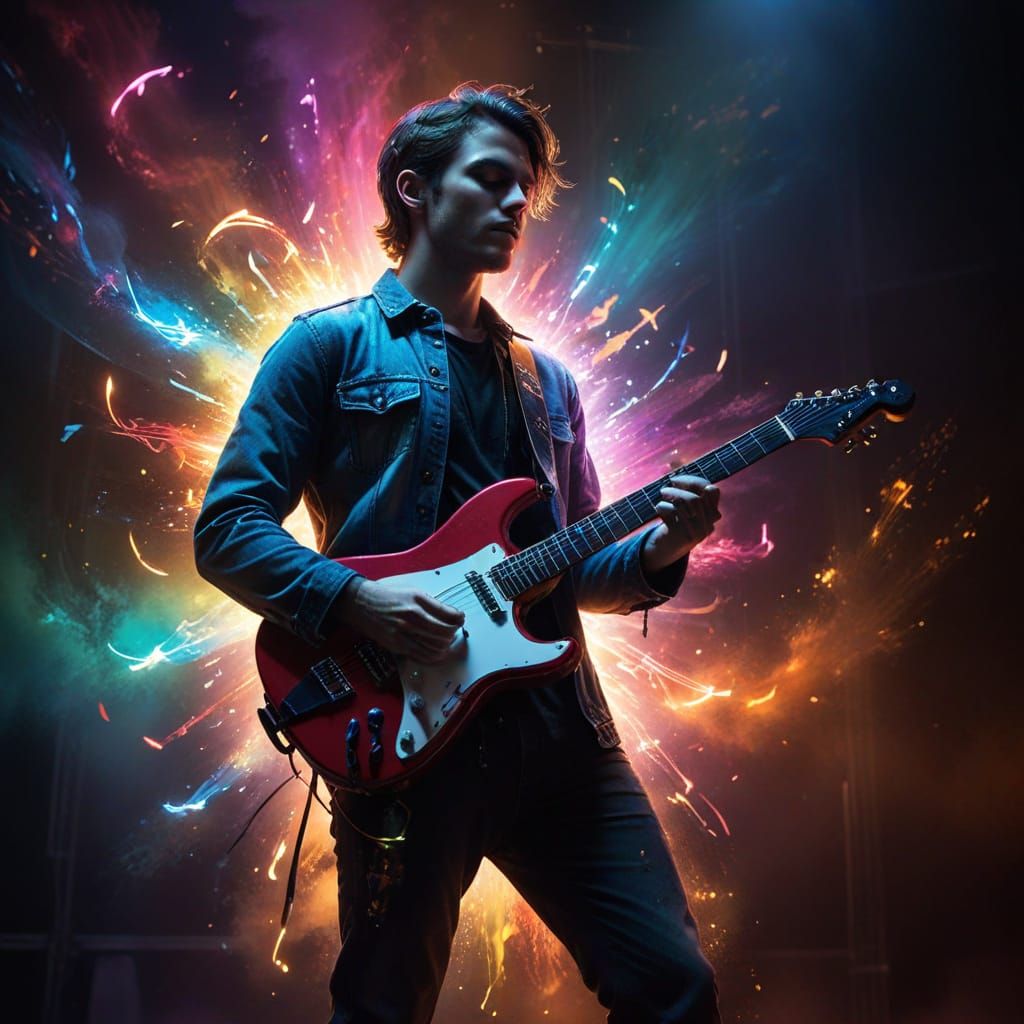 Ethereal Rockstar Surrounded by Vibrant Light and Music