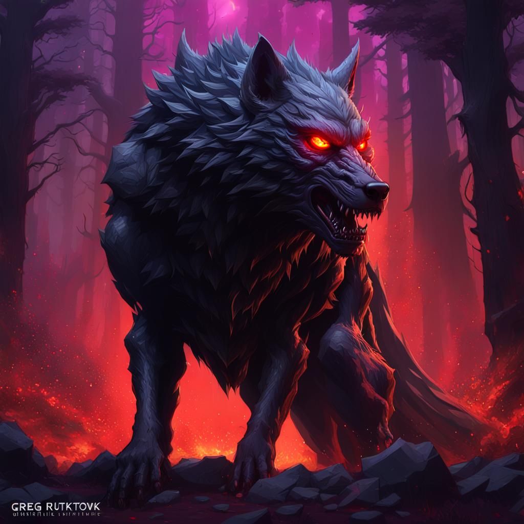 Menacing Shadow Wolf with Red Eyes in Dark Fantasy Art