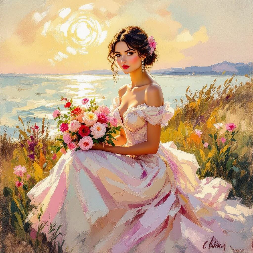 Woman in Gossamer Gown with Pink Bouquet, Impasto Oil Painti...