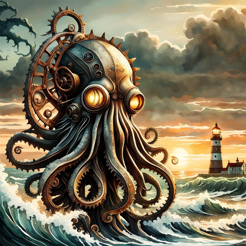 Steampunk Metal Cthulhu by the Ocean at Sunset
